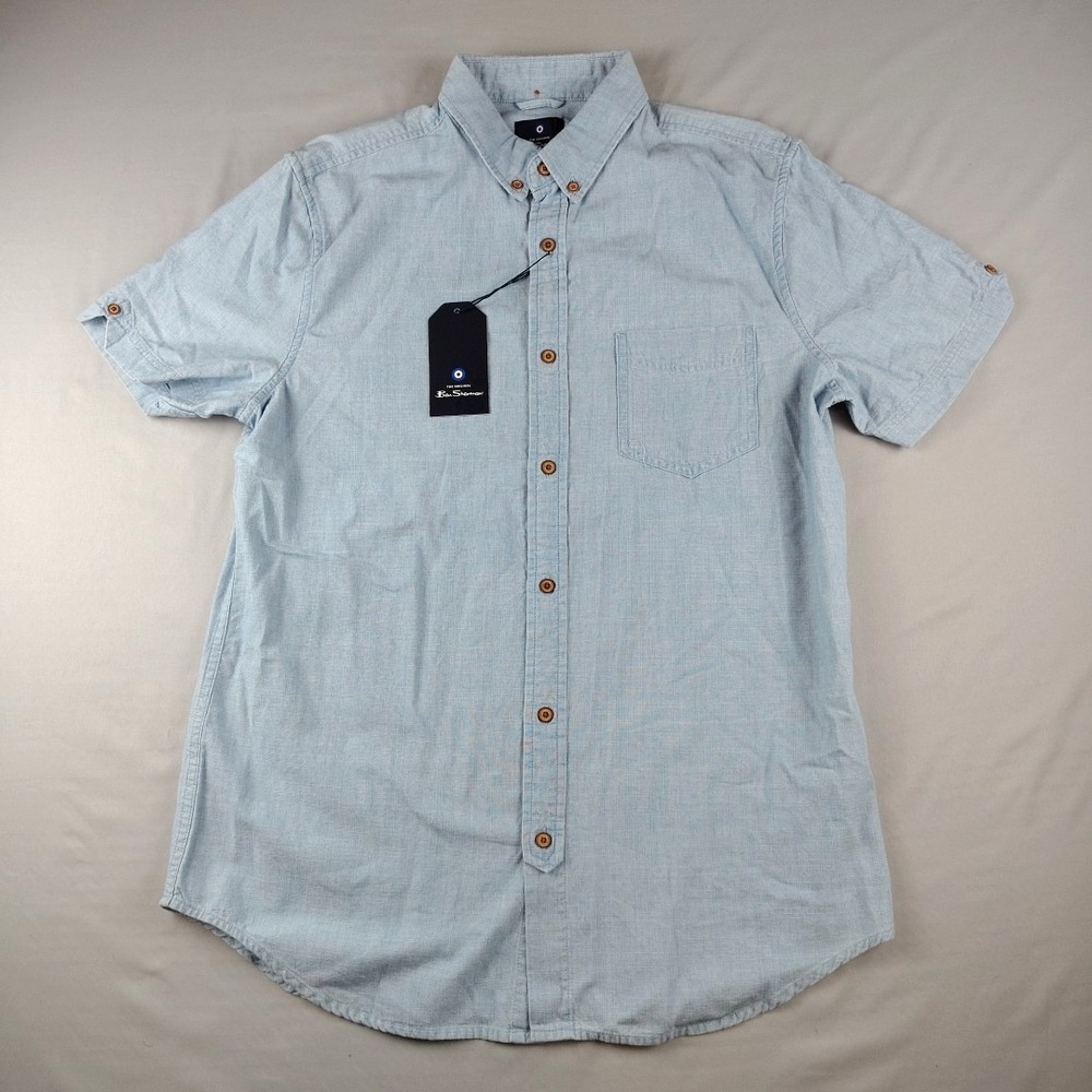 Ben Sherman NWT Mens M Button Up Shirt SS Lt Blue Denim Collar Travel Casual